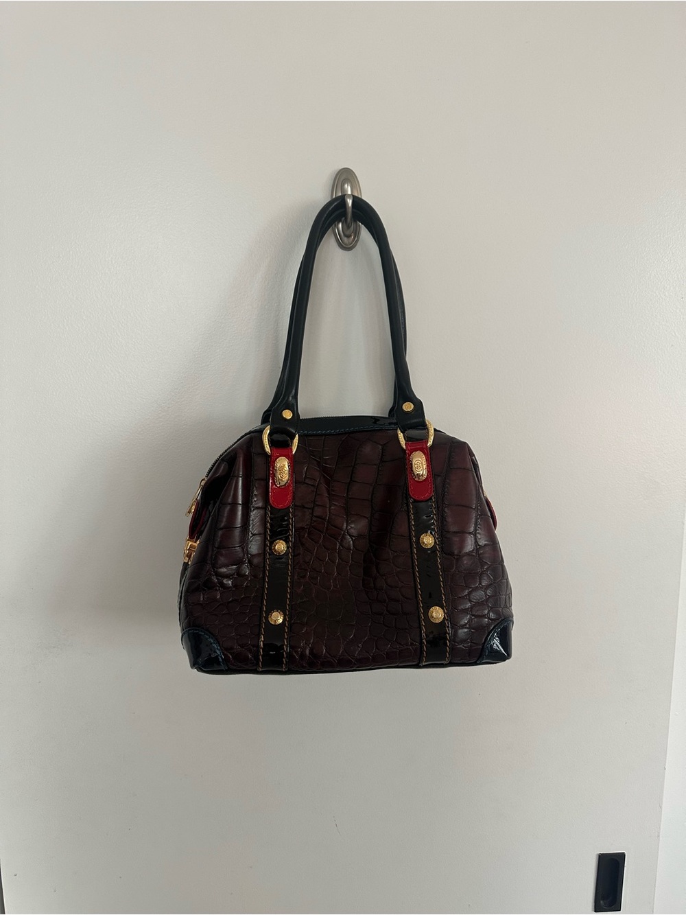 Marino Orlando Stylish Croc-Embossed Satchel Handbag in Deep Burgundy and Black